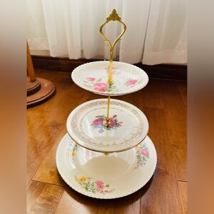 Three-Tier Floral Porcelain Serving Stand - Gold & Pink